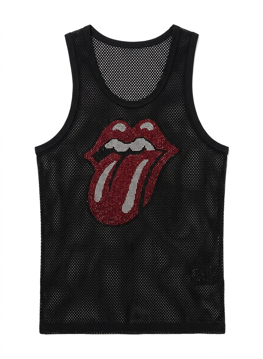 Phix X Rolling Stones Black Rhinestone Tongue Vest