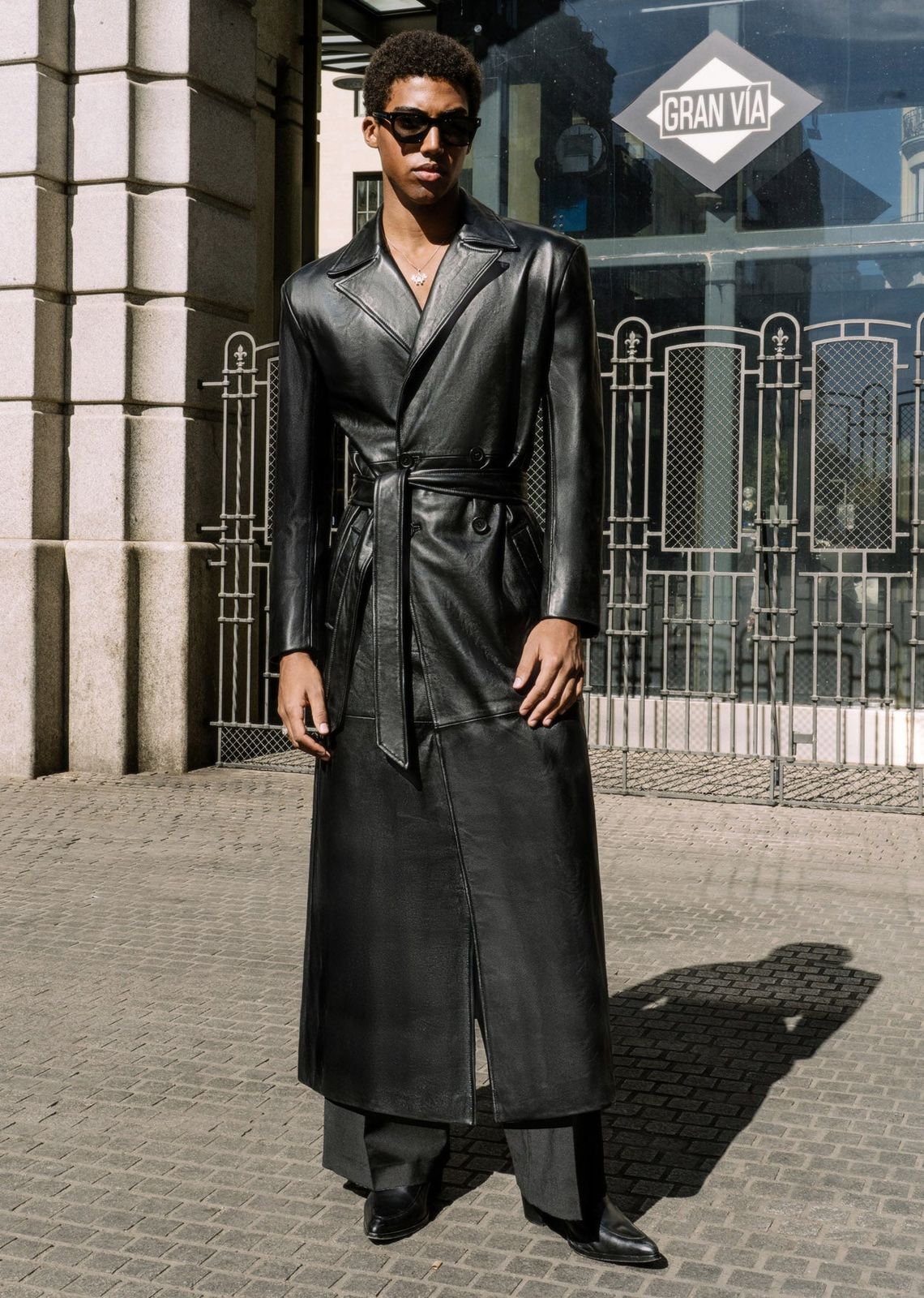 Double-Breasted Leather Long Trench Coat