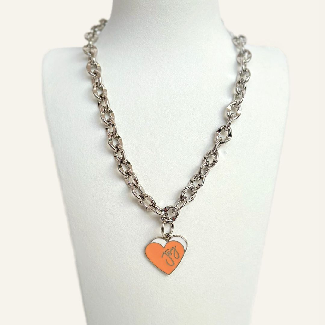 Padlock Chain Necklace | Coral Heart with Silver hardware