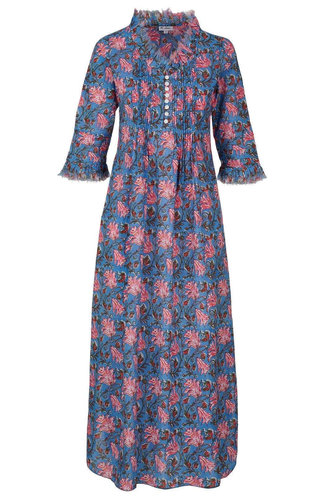 Cotton Annabel Maxi Dress In Wedgewood With Pink Flower