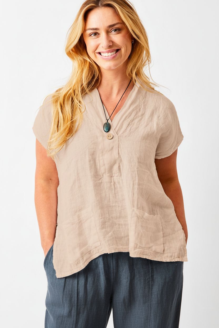 Susanna Linen Top With Button And Front Pockets