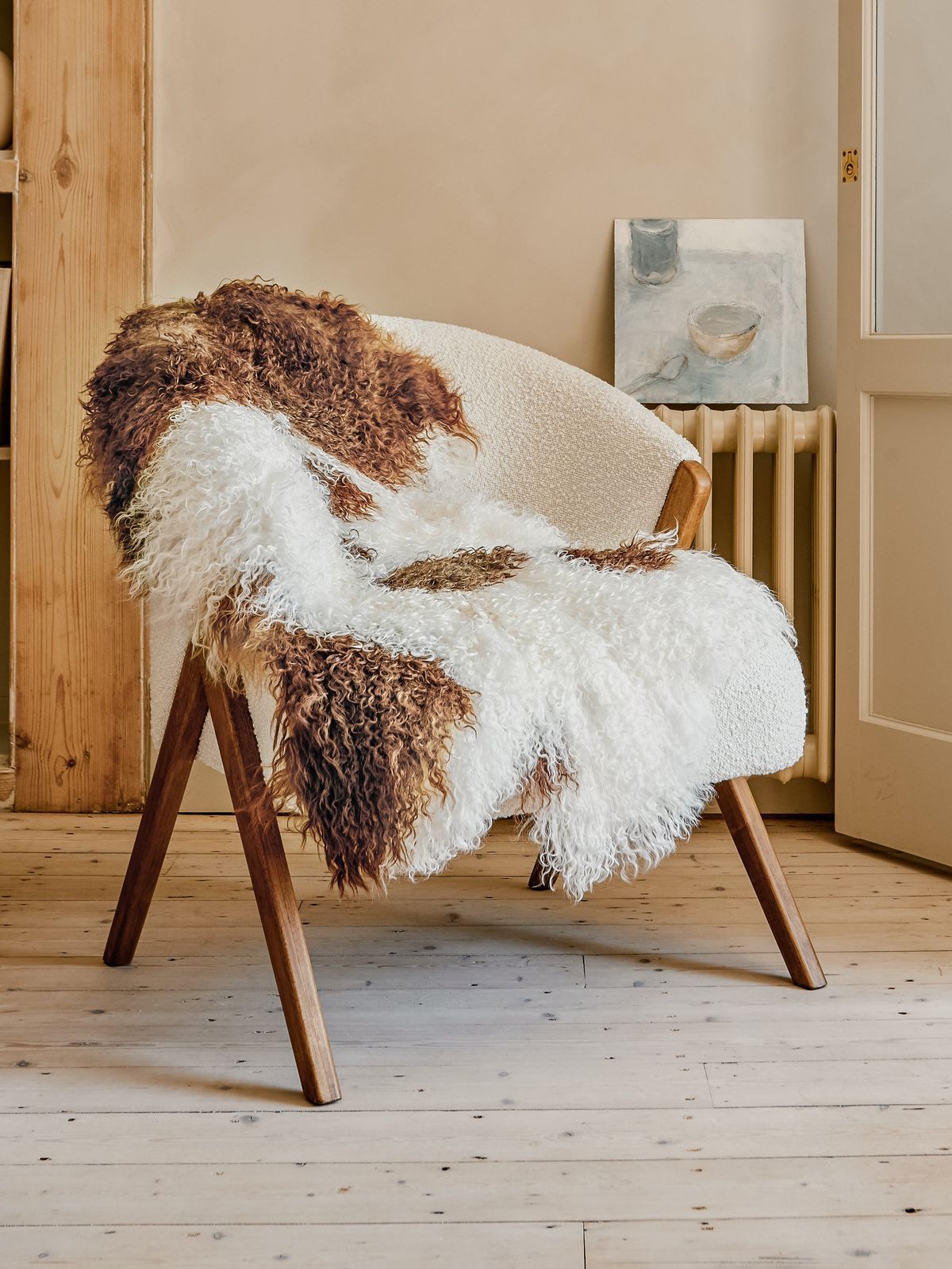 Tibetan Sheepskin Rug - White & Brown