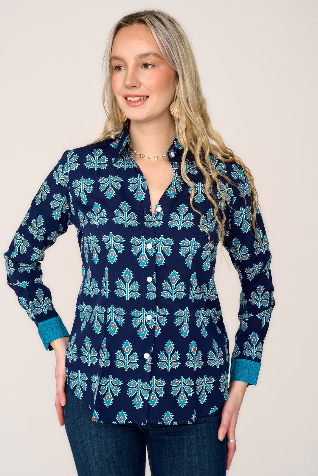 Mayfair Shirt In Navy & Blue Thistle with Contrast Cuff