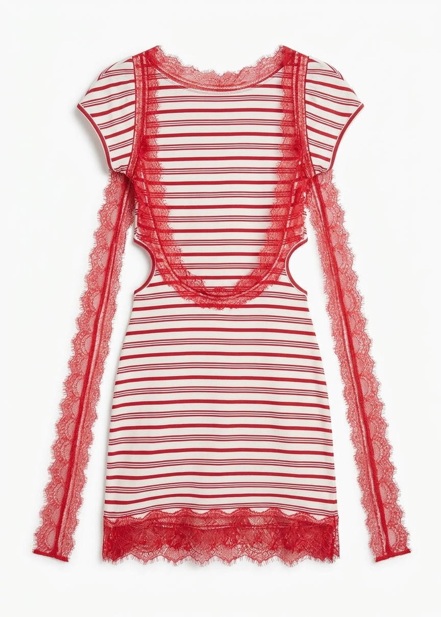 Christopher Esber Stripe Jersey Lace Trimmed Tee Dress - Flame/white