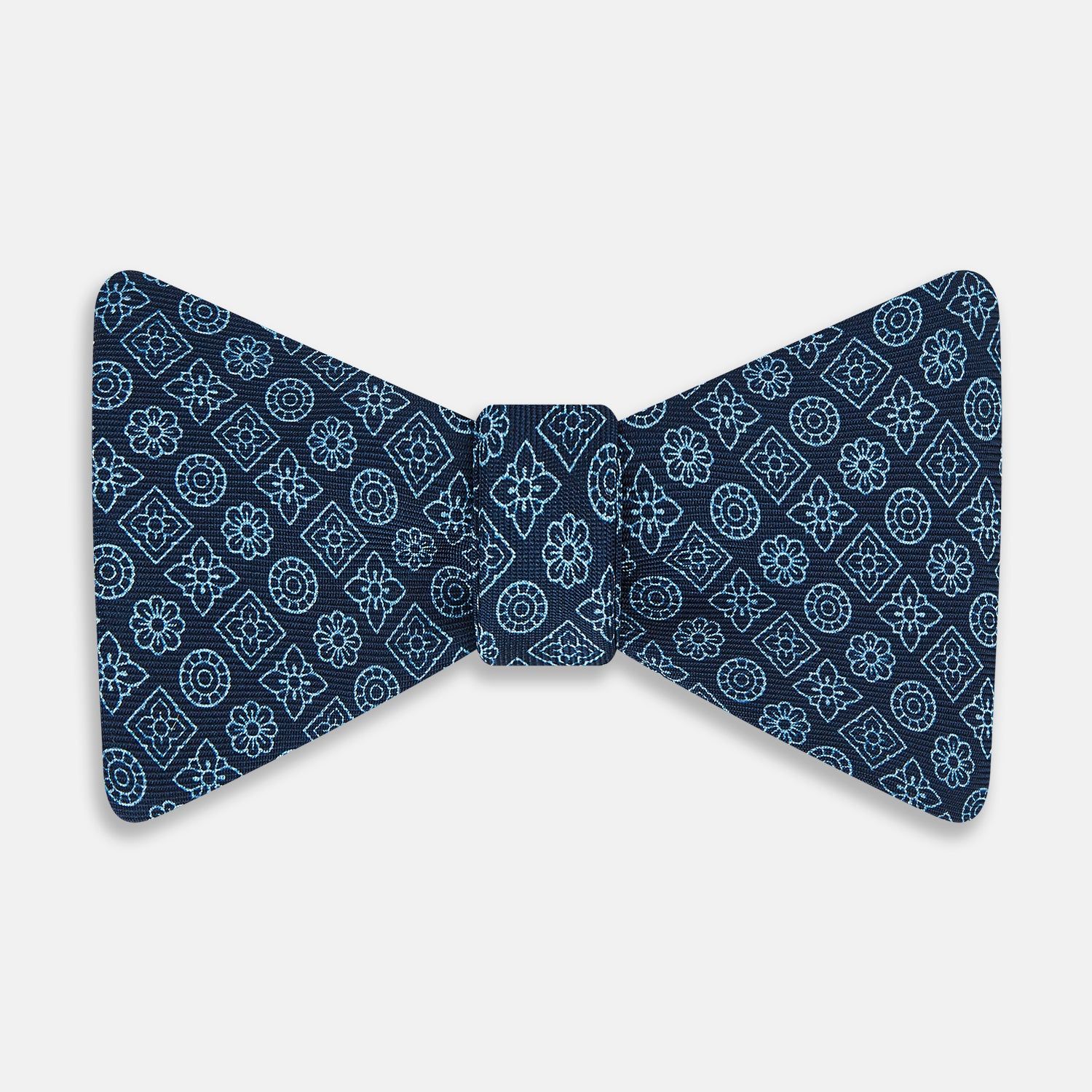 Dark Navy Floral Tile Pattern Printed Silk Bow Tie