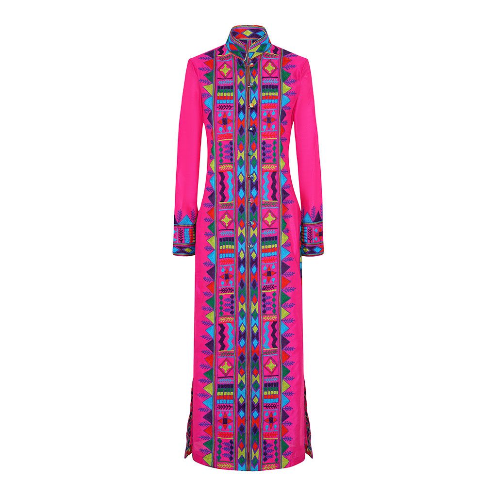 Pink Embroidered Silk Nomad Long Coat