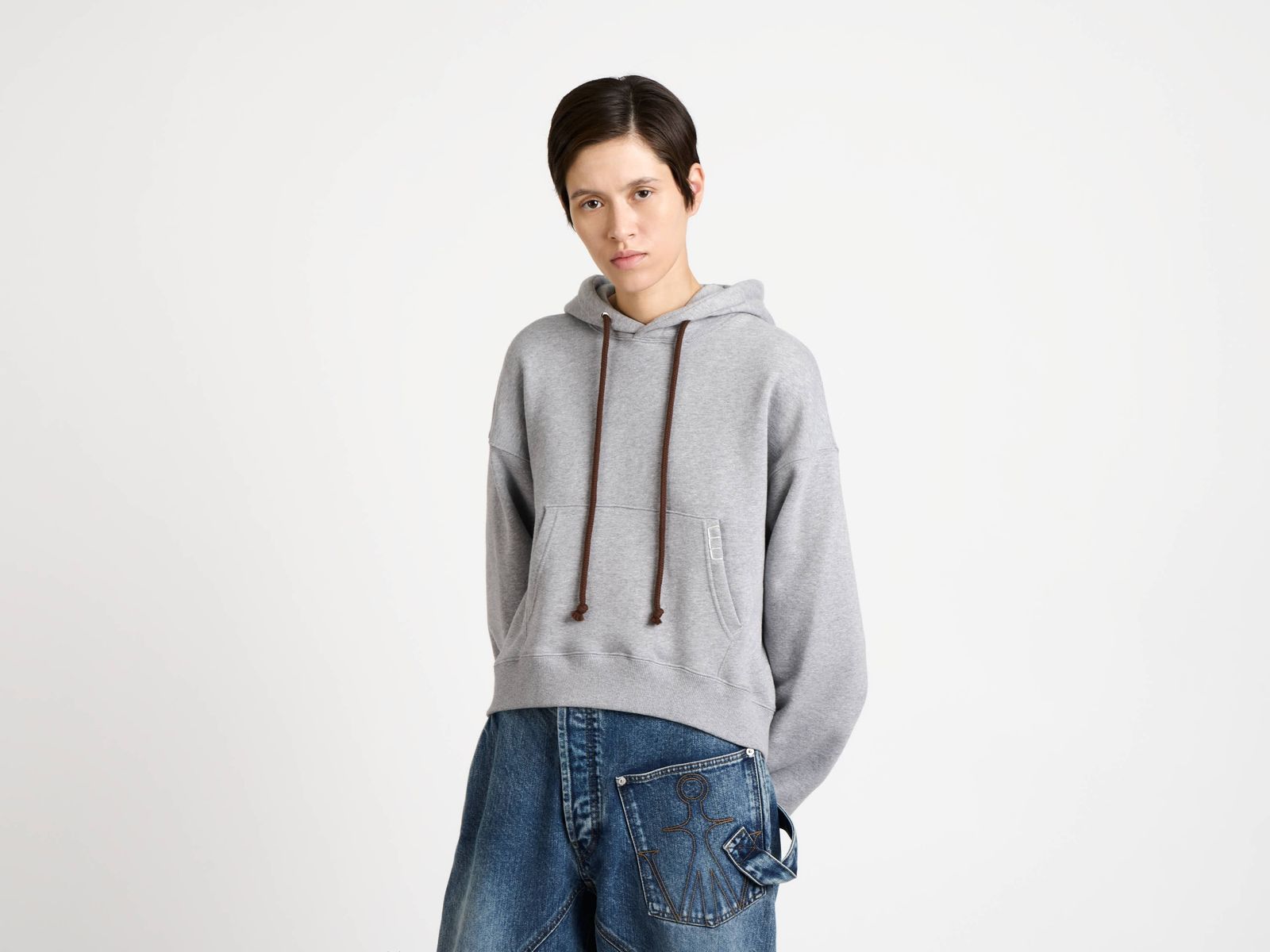 WOMENS CURVED HEM HOODIE IN MID GREY MELANGE
