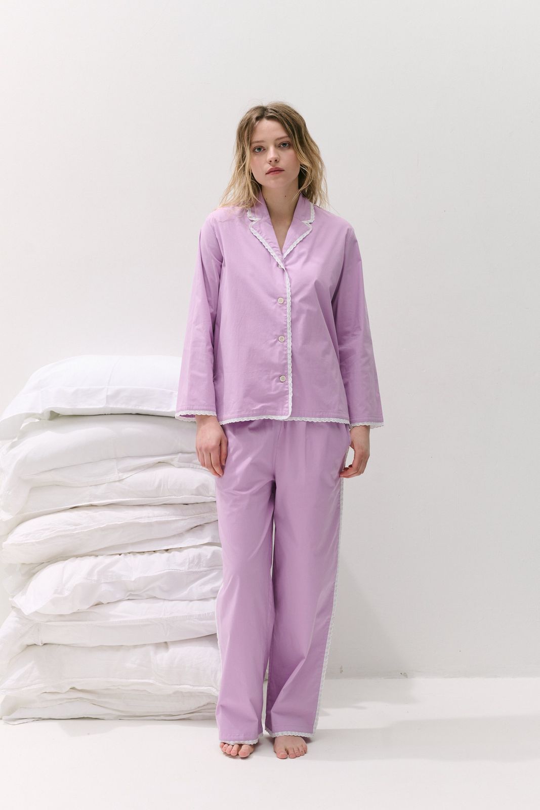 402 Long Pyjama Set Purple with Trims