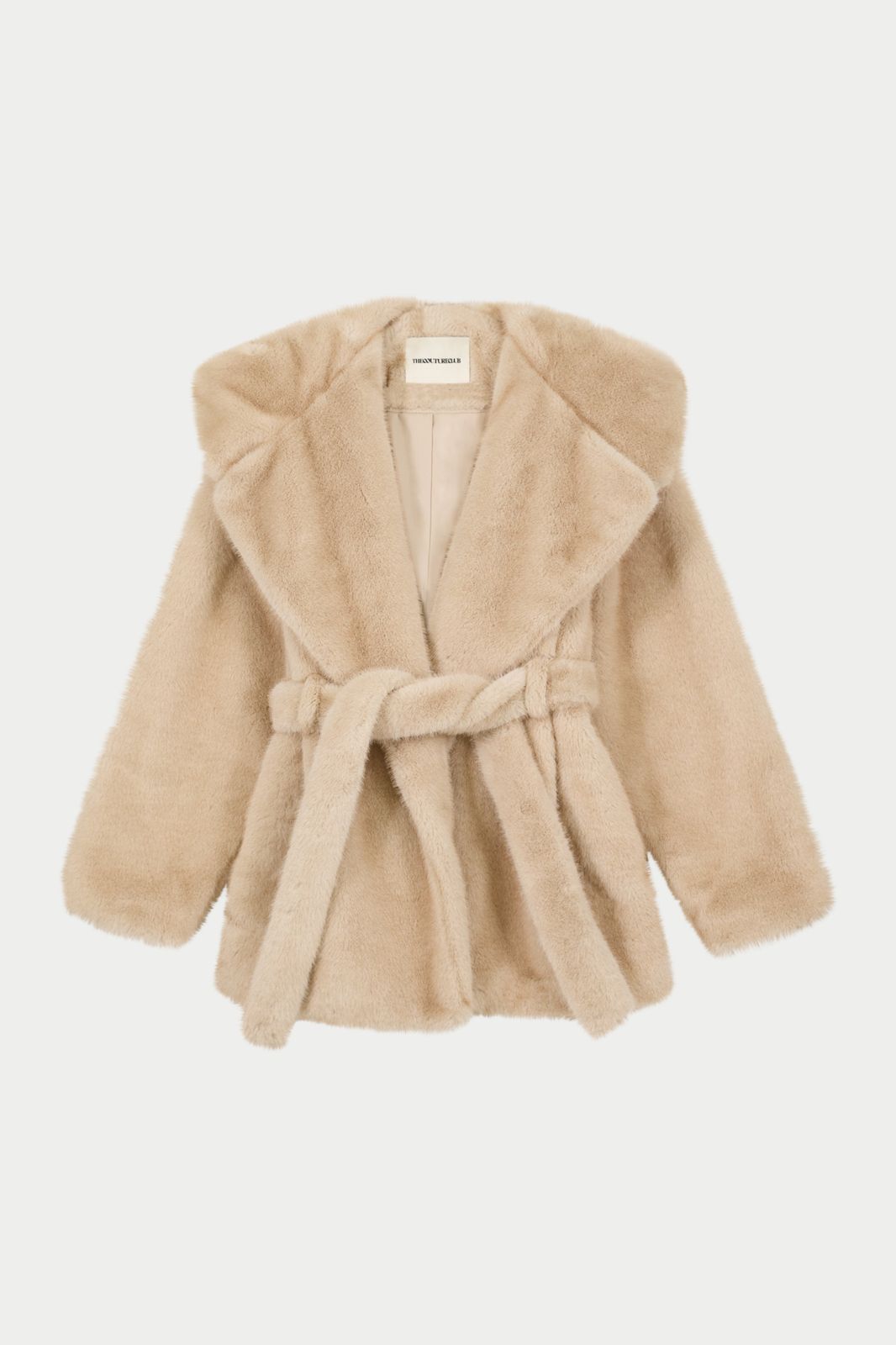 BELTED FAUX FUR HOODED COAT - BEIGE
