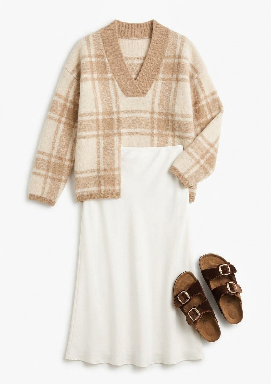 Brushed Checked Sweater In Porcelaine White & Woodcarving Brown