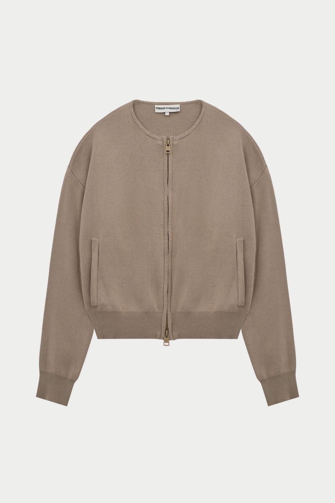 COLLARLESS KNITTED ZIP THROUGH BOMBER - BEIGE