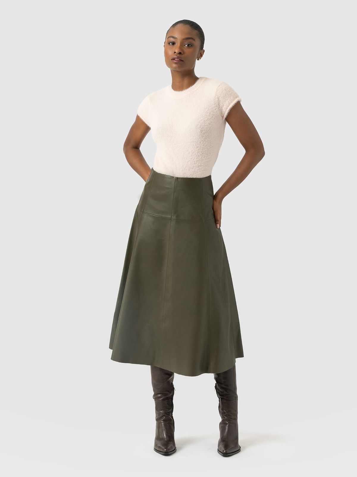 Bonham Leather Midi Skirt - Khaki