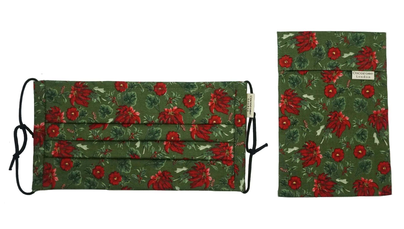 Pleated Cotton Face Mask with Nose Wire and Matching Pouch - Poinsettia