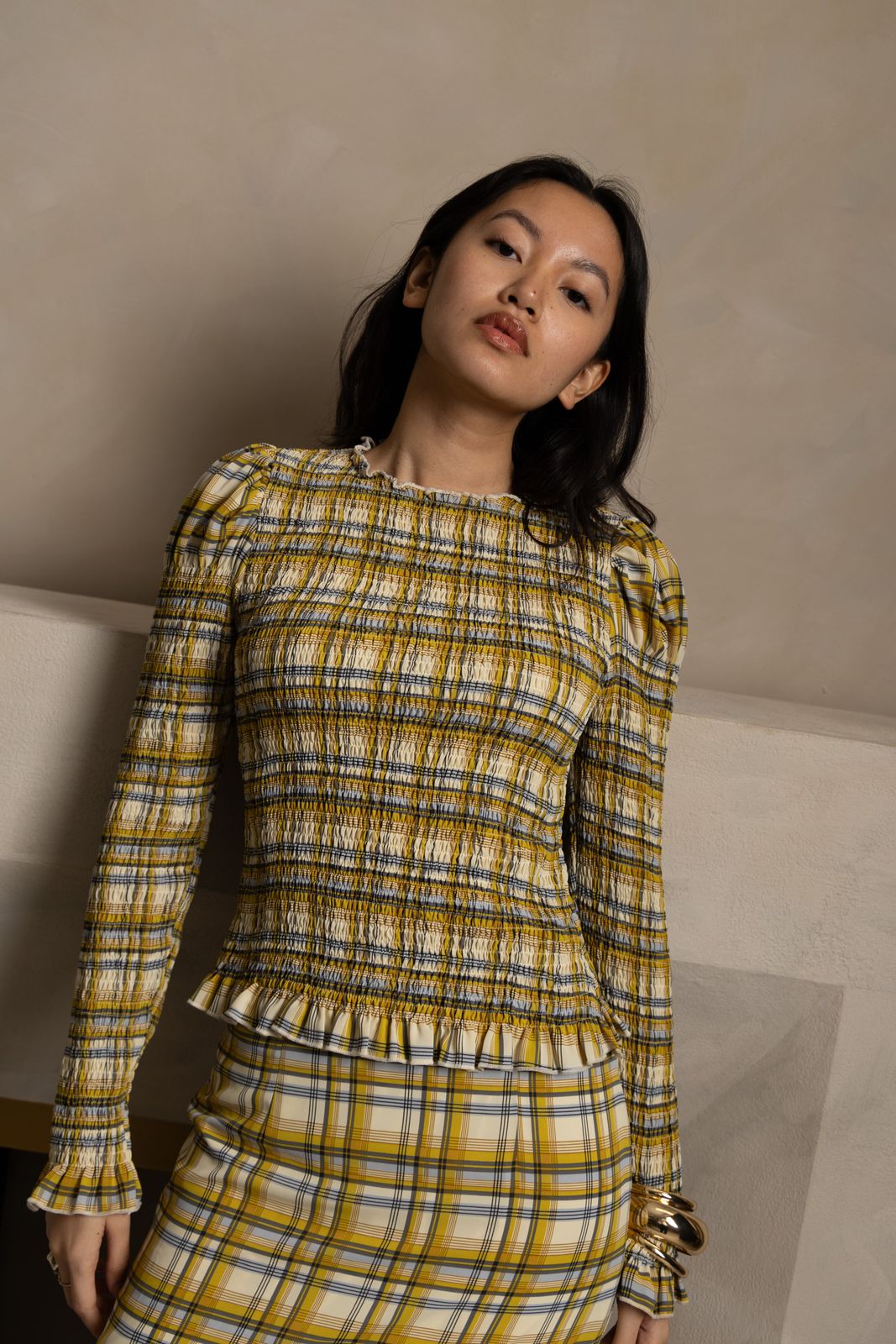 Elsa Yellow Plaid Long Sleeve Smocked Top