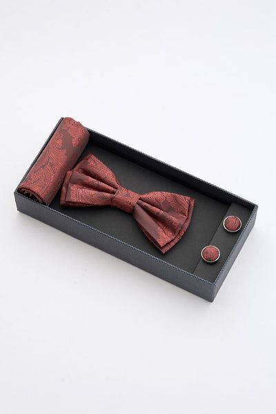Burgundy Paisley Bow Tie Set with Pocket Square &amp; Cufflinks