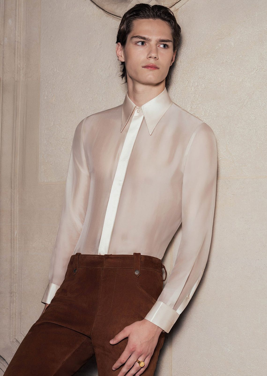 Ivory Silk Viscose Semi Sheer Chiffon Shirt