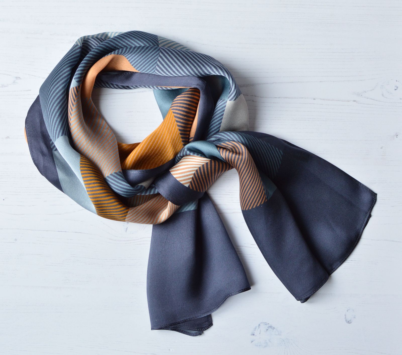 Aria | Silk Charmeuse Scarf - Grey, Peach & Gold Block Pinstripe