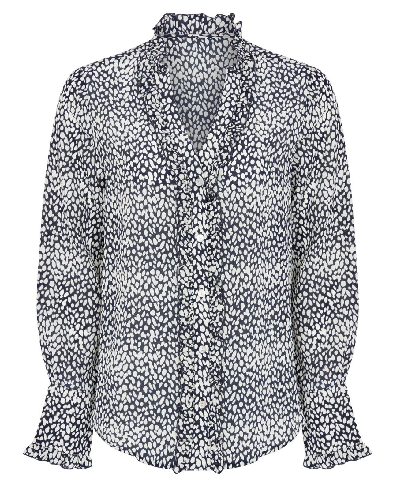Emily Navy Print Silk Shirt - Navy And White Abstract Print