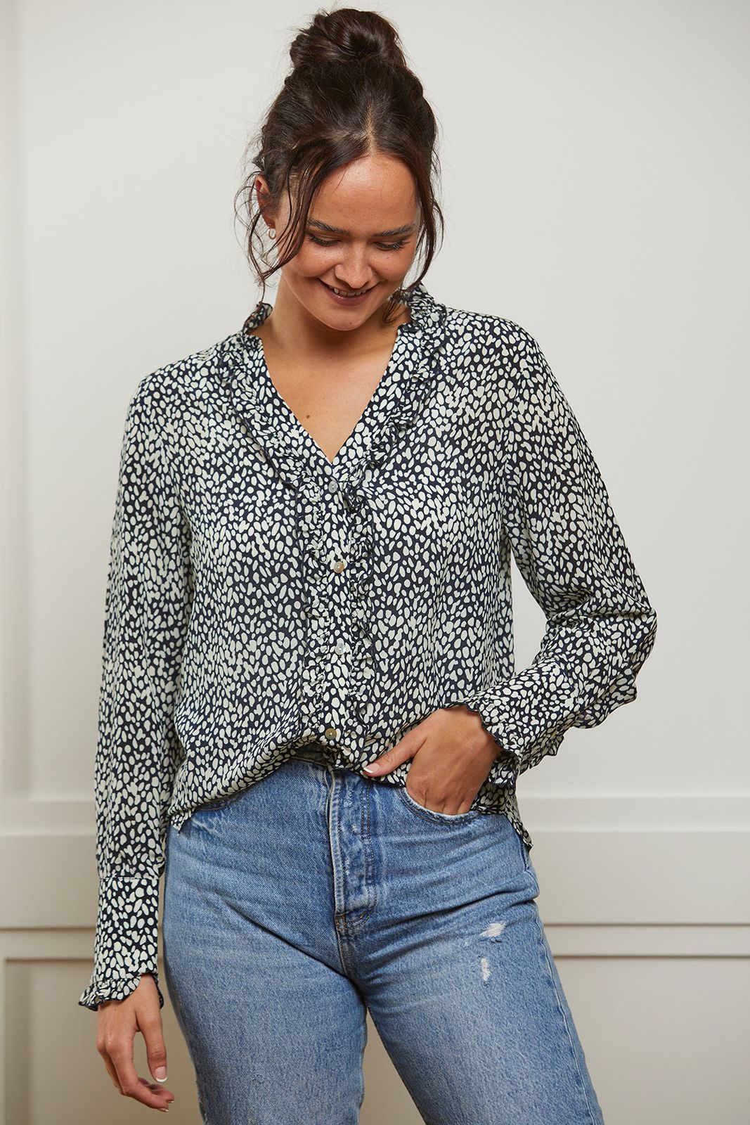 Emily Navy Print Silk Shirt - Navy and White Abstract Print