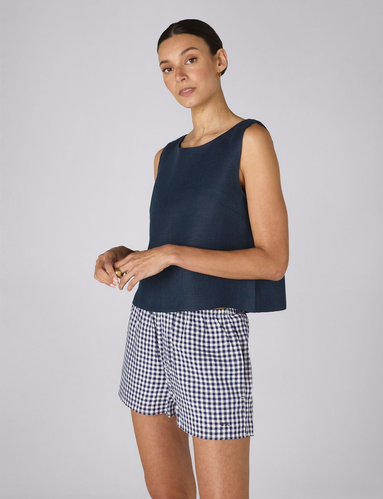 Court Short: Linen, Navy Blue Gingham