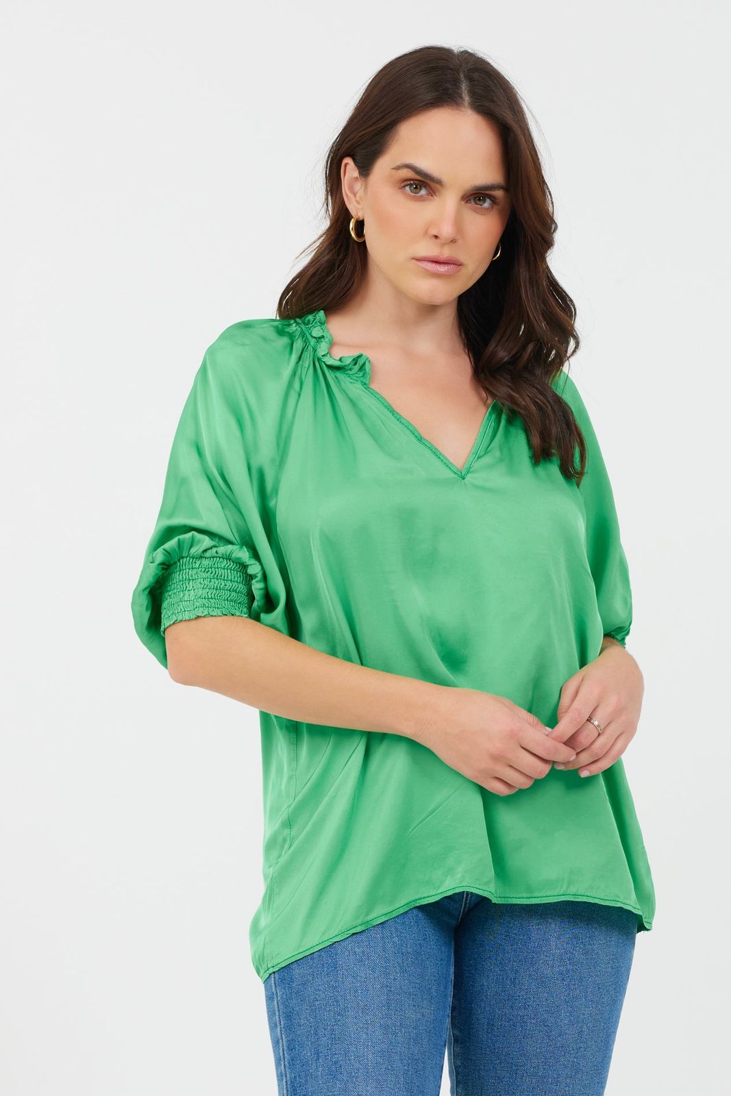 Portia Satin Ruffle V Neck Top