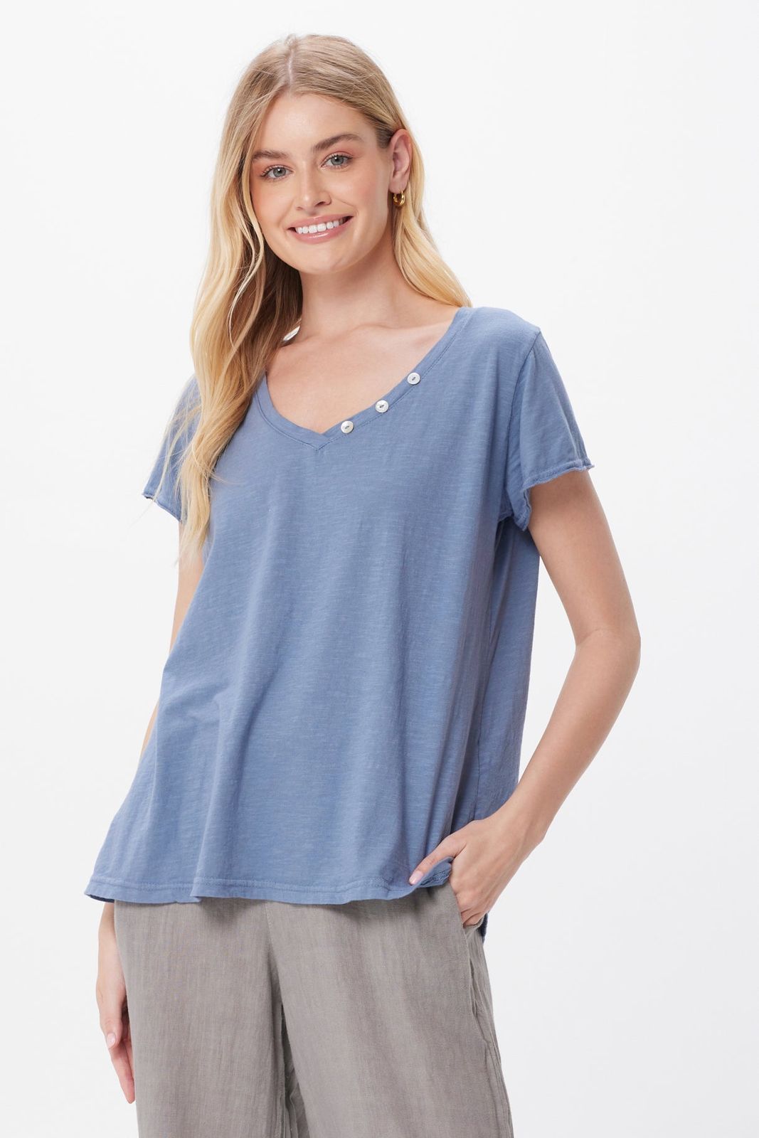 Blake V-Neck Tee With 3 Button Detail