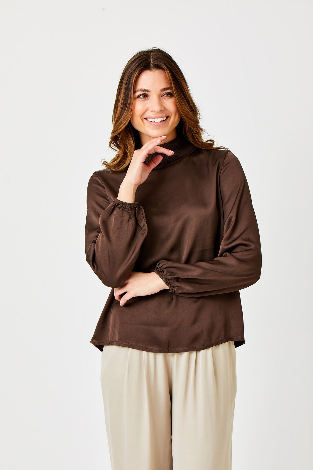 Genni Satin Long Sleeve Top With Rib Neck