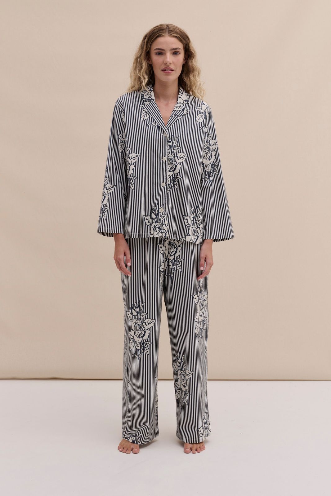 402 Long Pyjama Set Pinstripe Rose/Navy