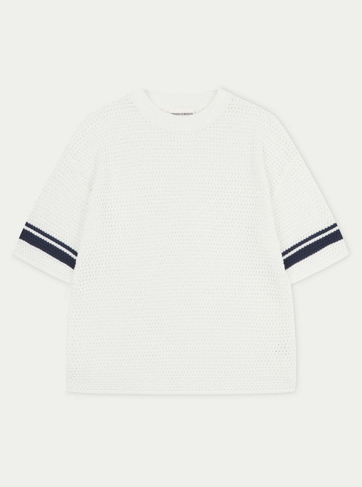 CROCHET KNITTED CONTRAST STRIPE T-SHIRT - WHITE