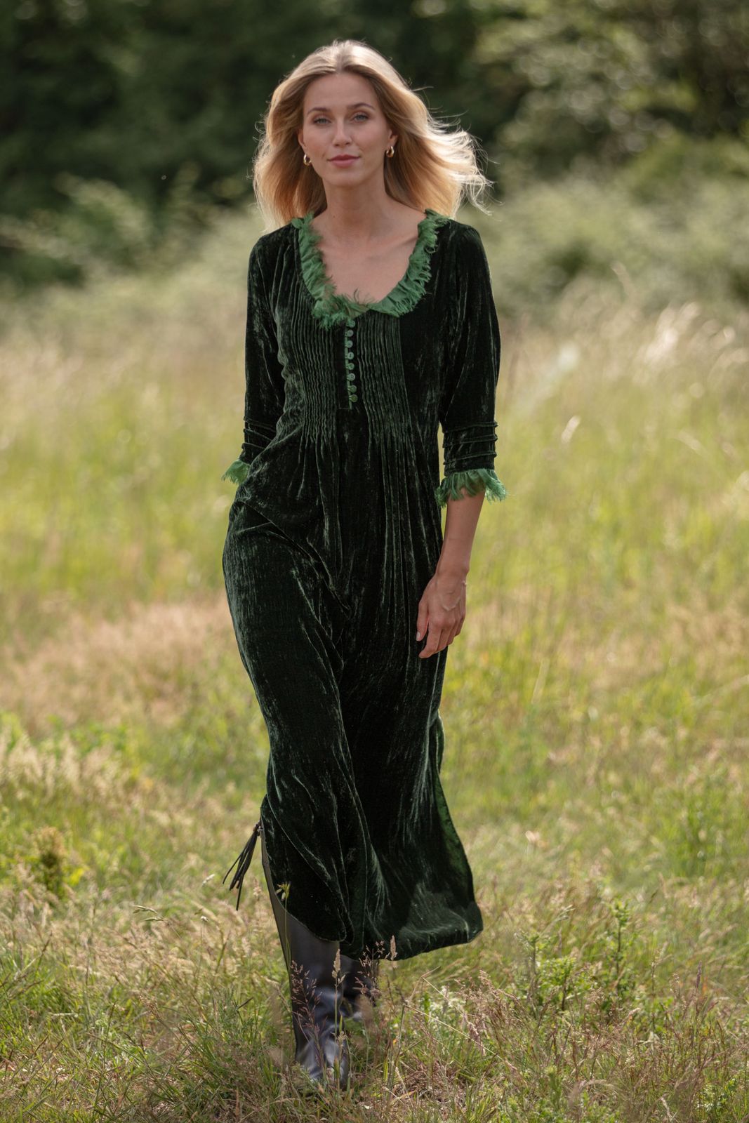 Silk Velvet Annabel Maxi Dress in Forest Green