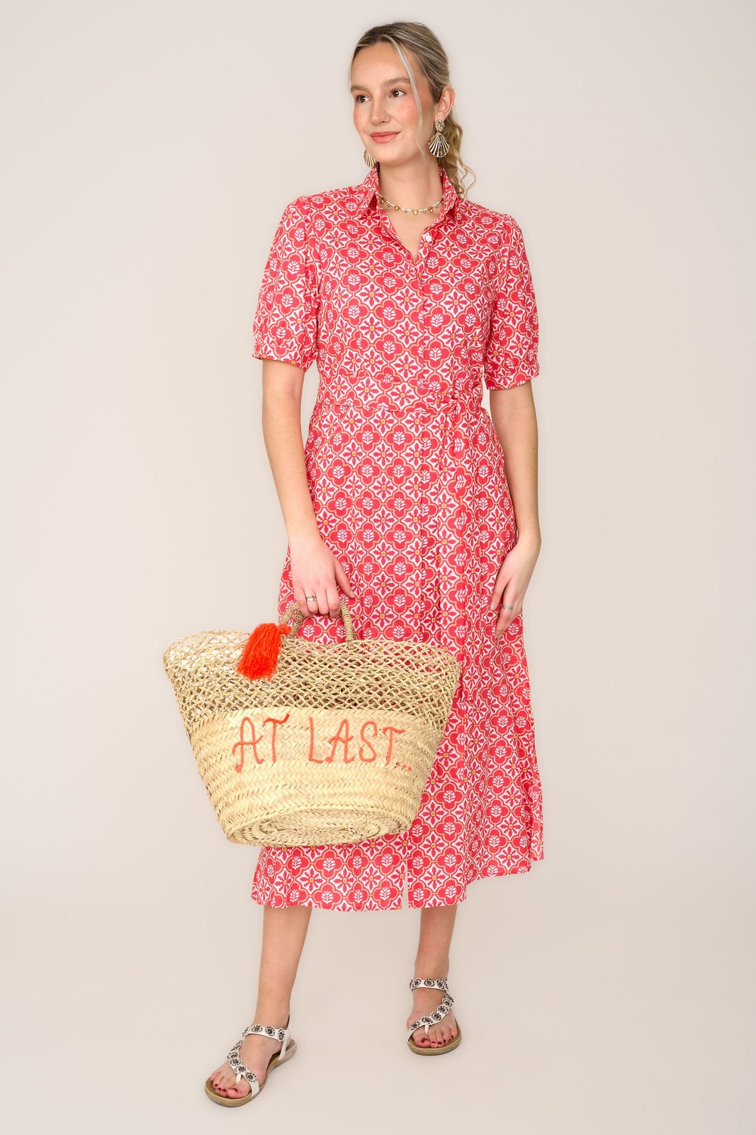 Cotton Maddie Dress in Coral & White Flower
