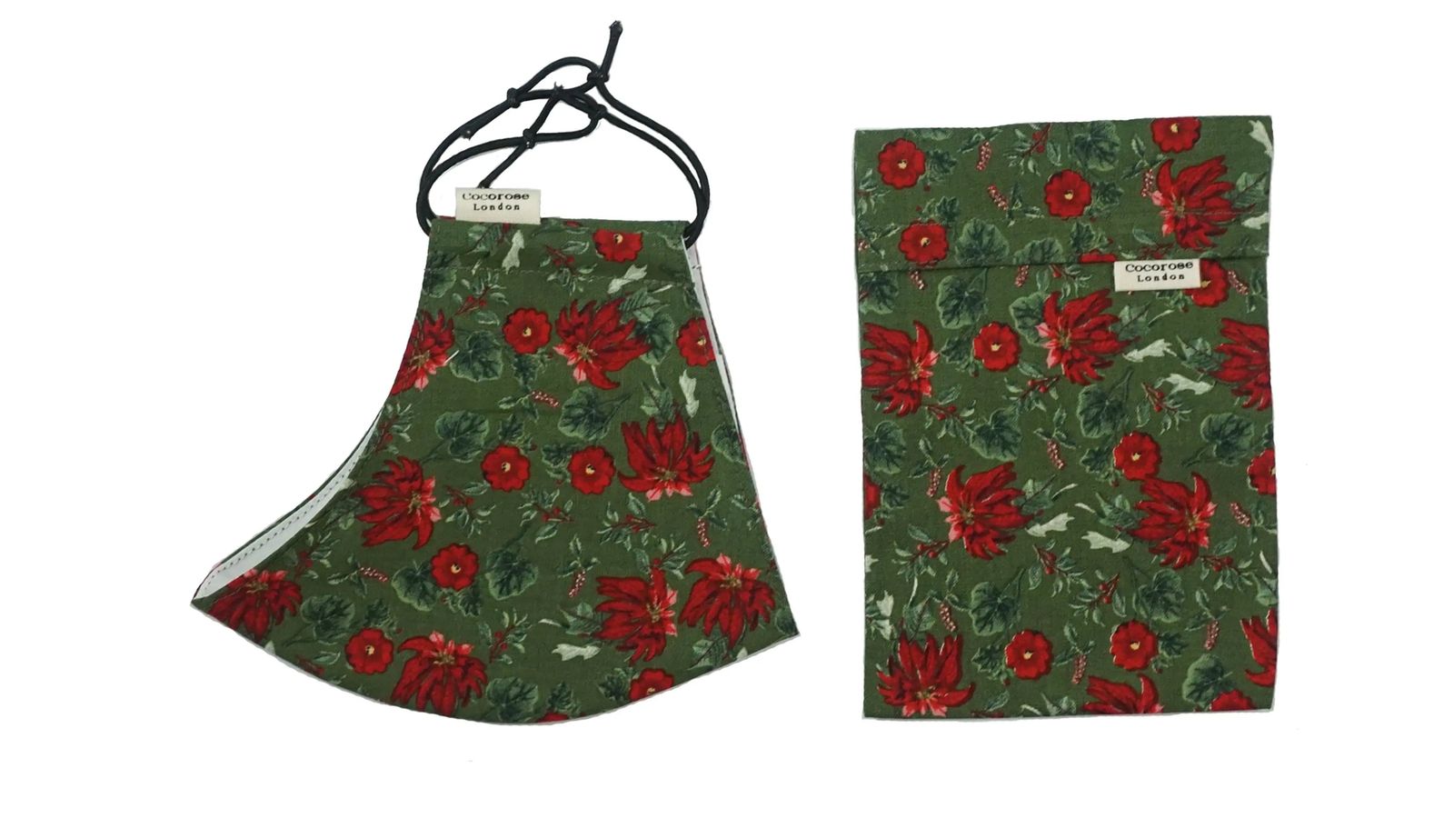 Cotton Face Mask with Filter Pocket and Matching Pouch - Poinsettia