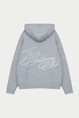 SCRIPT LOGO GRAPHIC KNITTED HOODIE - GREY MARL