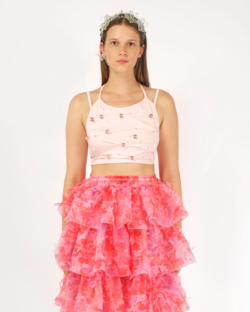 BEADED EMBROIDERED JERSEY STRAP TOP