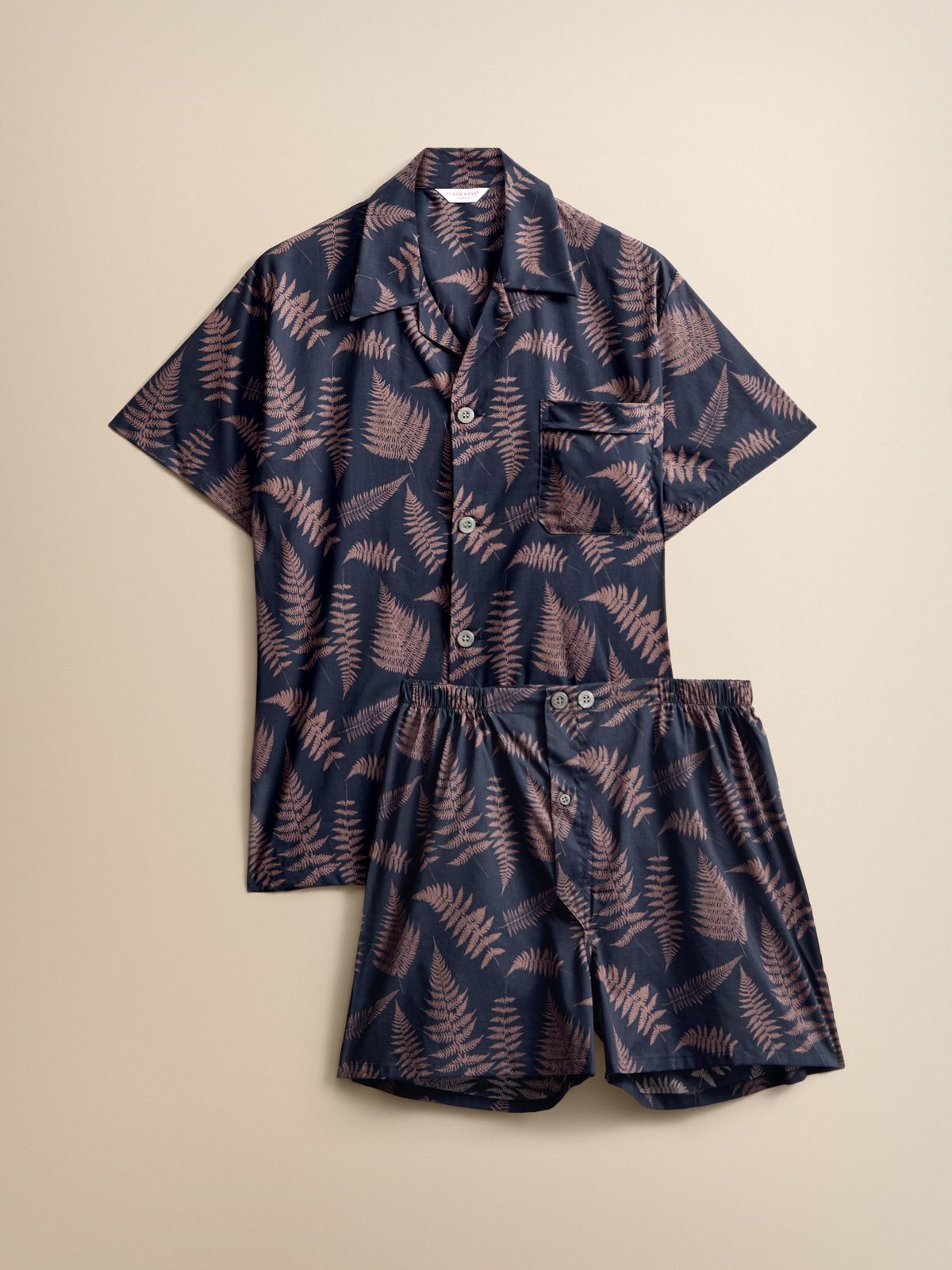 Ledbury Cotton Batiste Short Pyjamas Navy & Pink Fern
