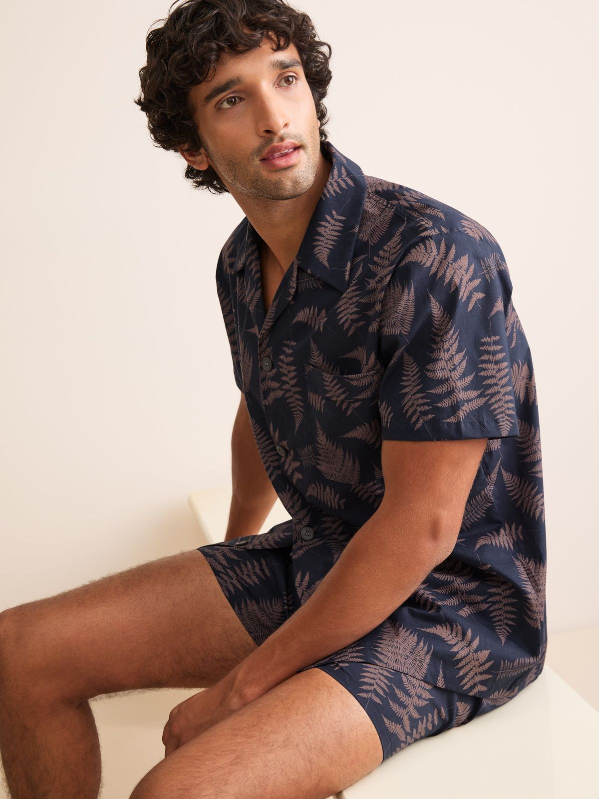 Ledbury Cotton Batiste Short Pyjamas Navy & Pink Fern