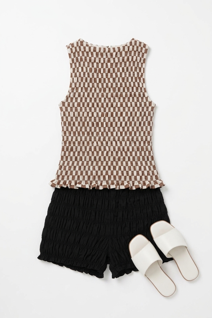 Sonya Pure Cotton Brown Checkerboard Top