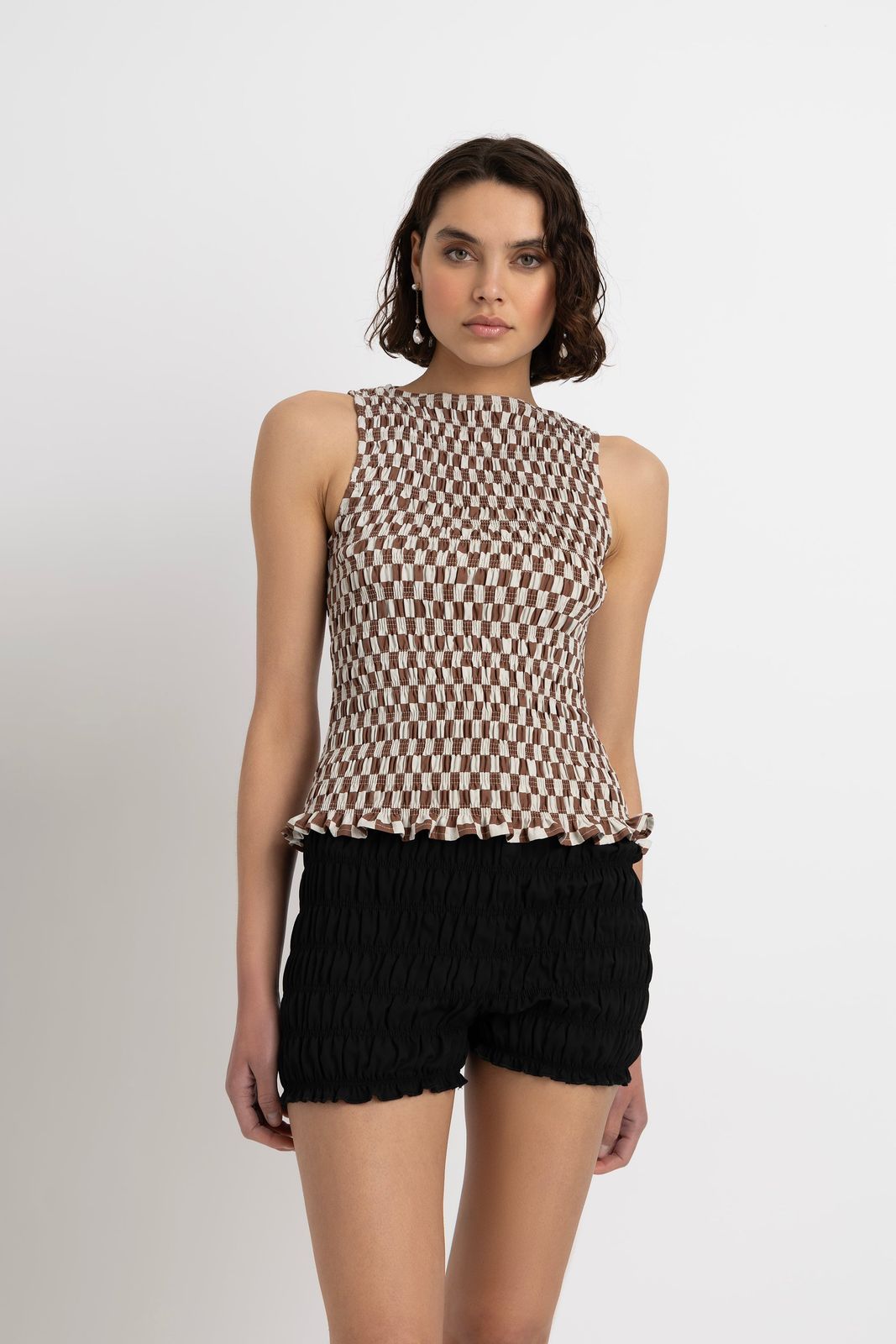 Sonya Pure Cotton Brown Checkerboard Top