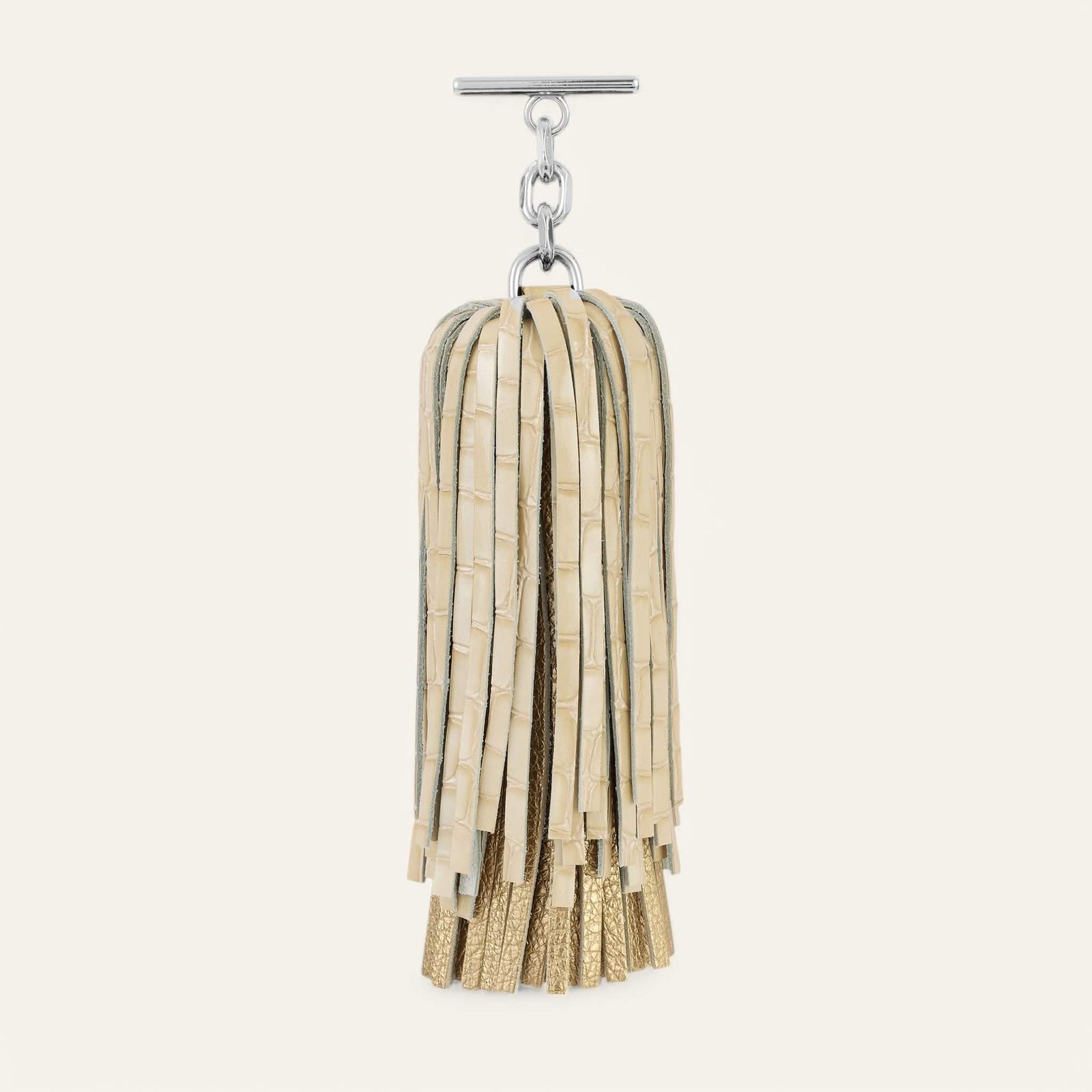Gemini Pompom | Cream Patent Croc Shimmer Metallic Gold with Silver hardware