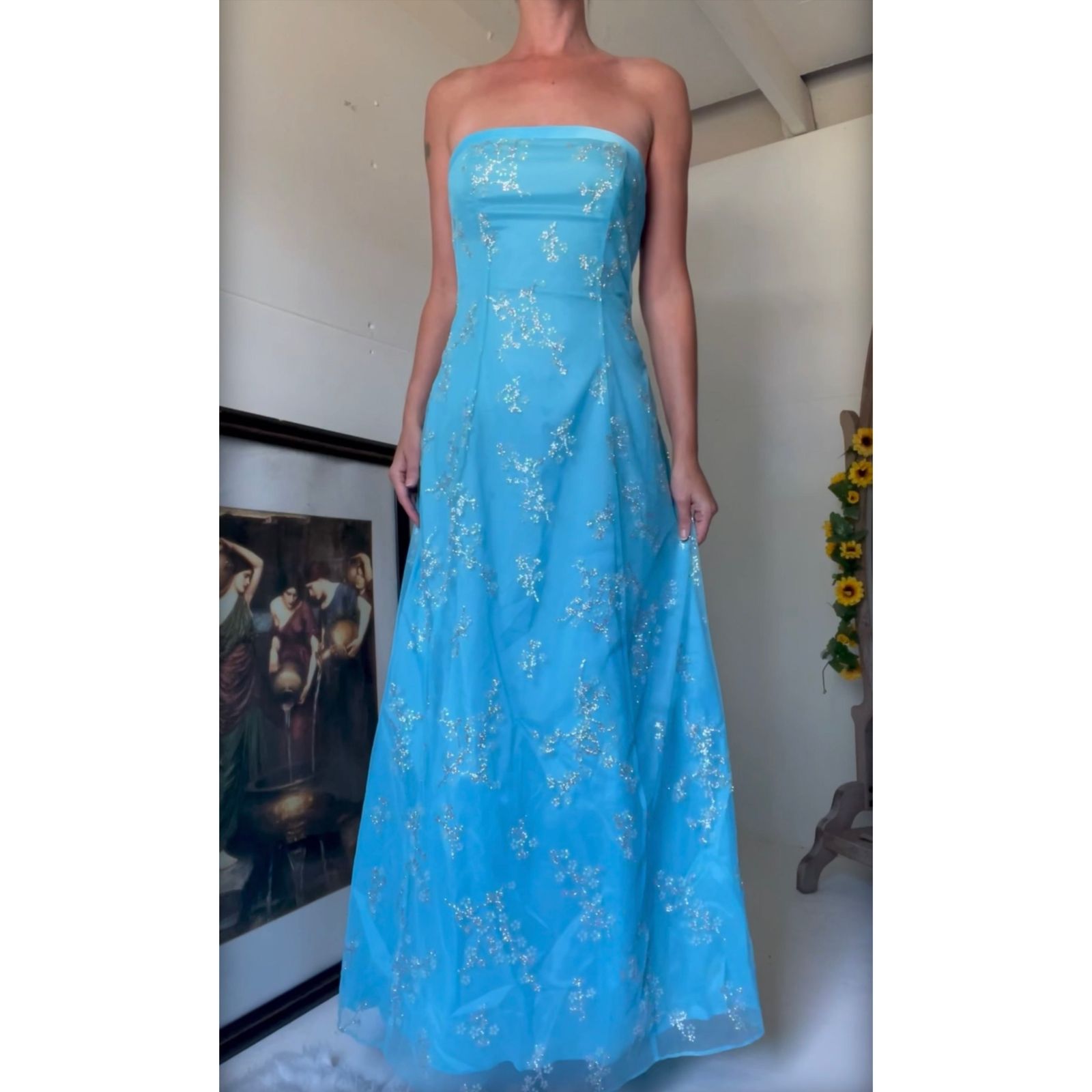 Turquoise Glitter Floral Strapless Gown