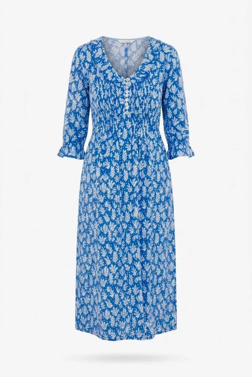 Cotton Karen 3/4 Sleeve Day Dress In Sea Fern