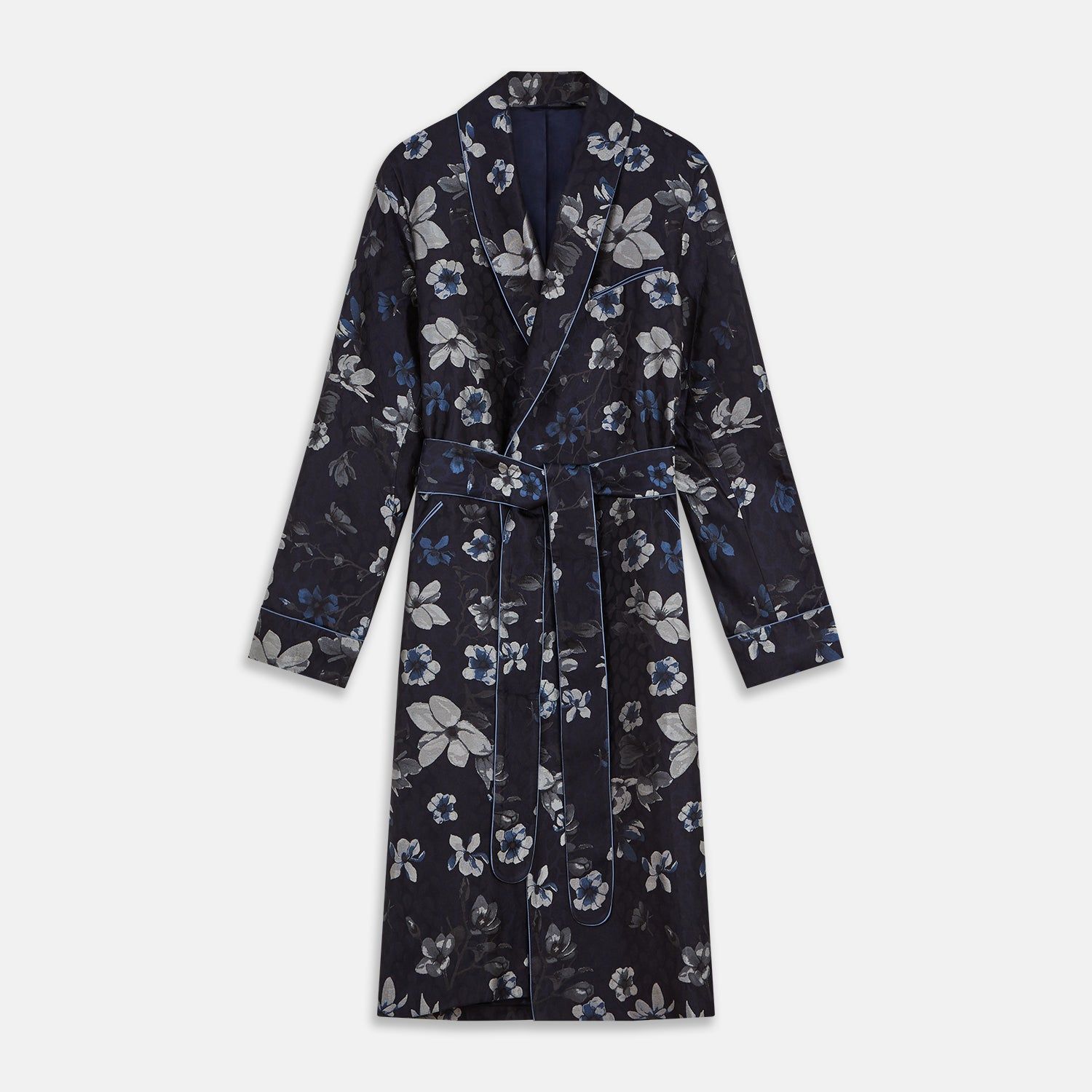 Navy Floral Silk Jacquard Pierce Gown