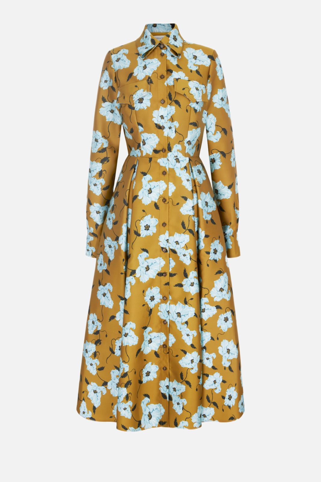 Celeste Dress in Mustard & Blue Breezy Poppy Mikado