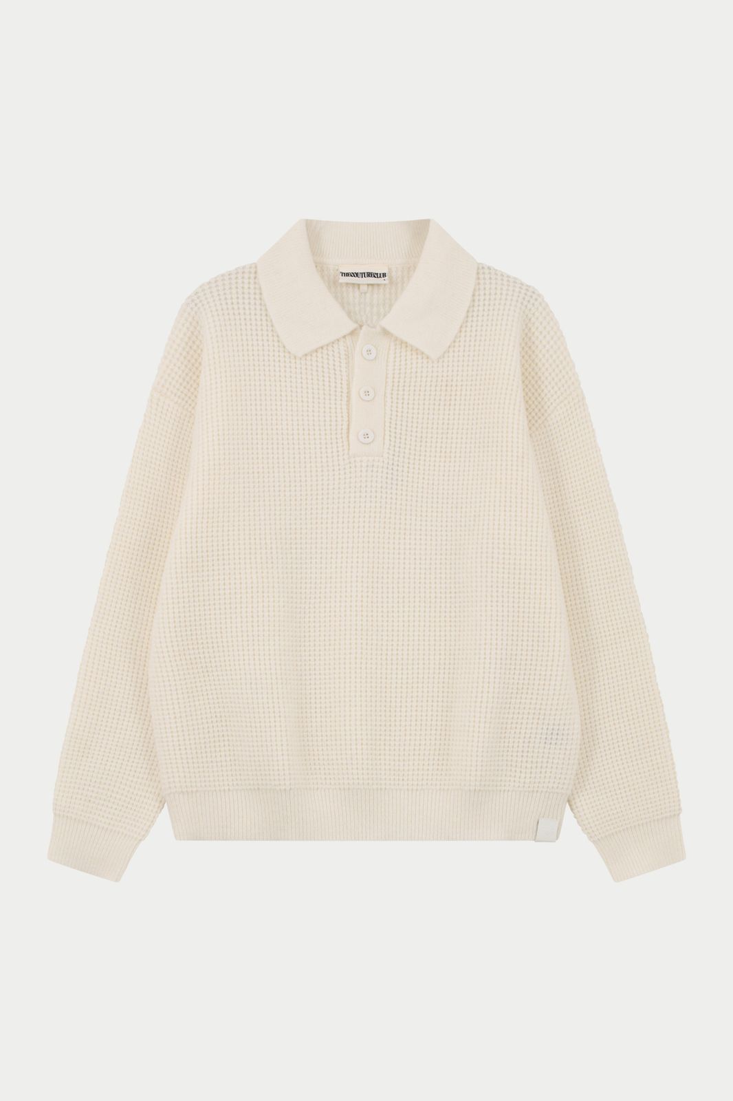 WAFFLE KNIT LONG SLEEVE POLO - WHITE