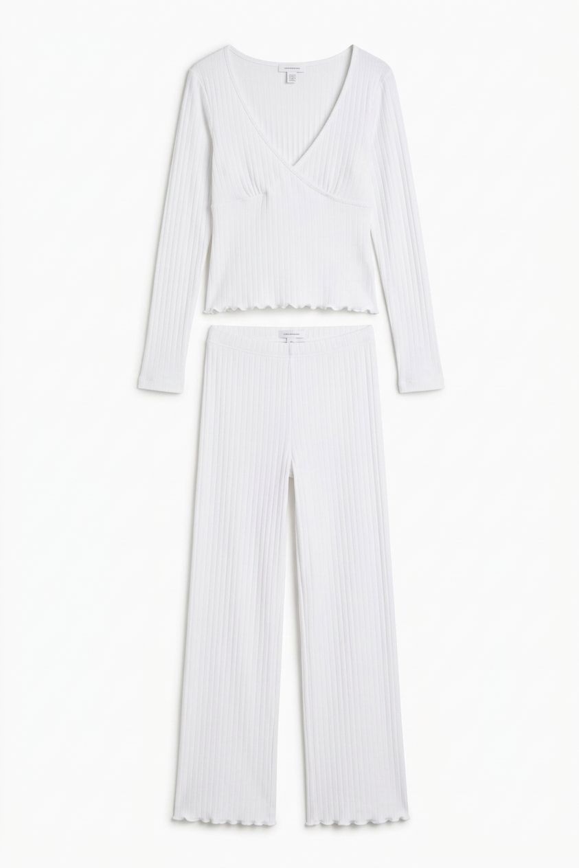 Pointelle Long Sleeve Top & Trouser Set White