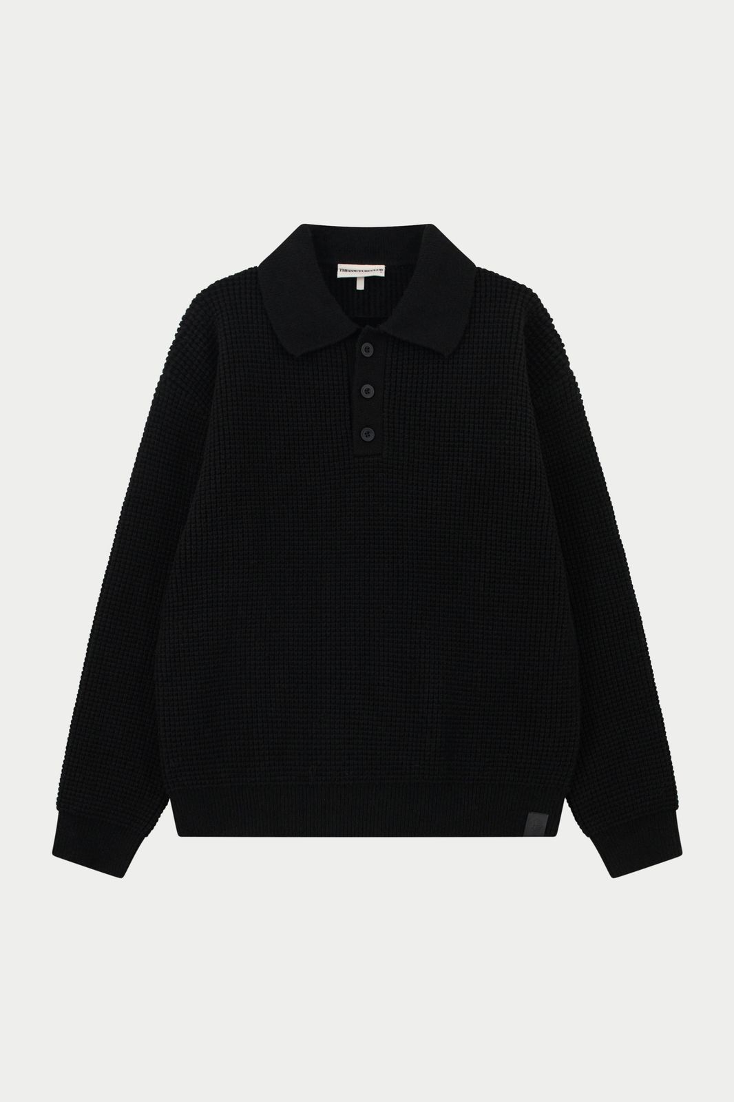 WAFFLE KNIT LONG SLEEVE POLO - BLACK