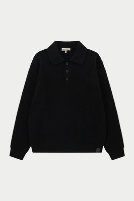 WAFFLE KNIT LONG SLEEVE POLO - BLACK