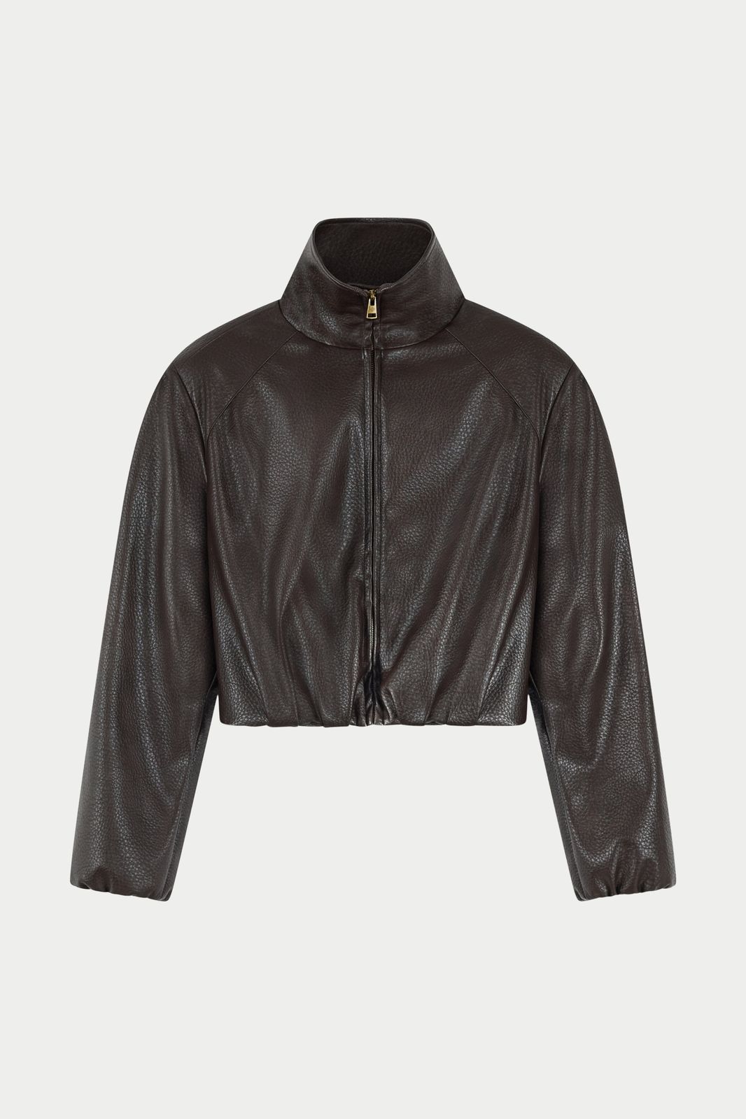 FUNNEL NECK BALLOON HEM FAUX LEATHER JACKET - BROWN