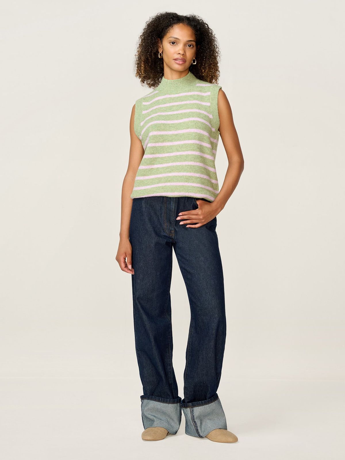 Pauli Funnel Neck Stripe Vest in Green and Pink