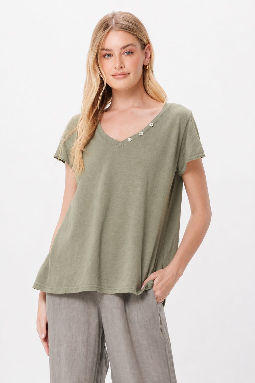 Blake V-Neck Tee With 3 Button Detail